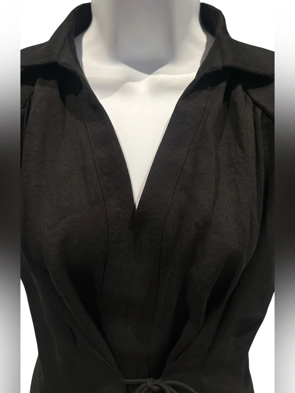 OGL | Viscose-Linen Collared V-neck Midi Dress with Drawstring Black | Medium